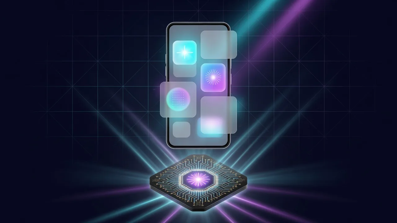 An Android phone floating a glowing iOS-style interface above a chip and circuit traces