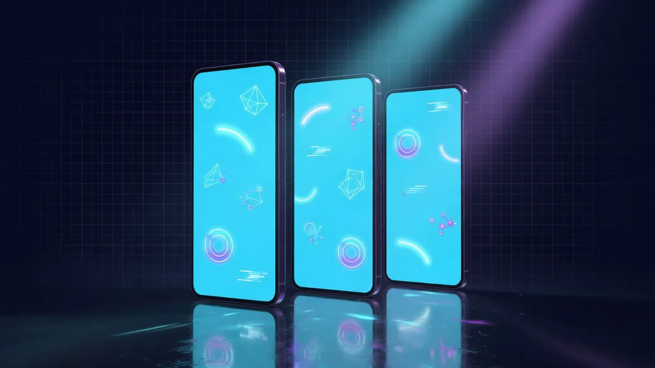 Three smartphones with glowing screens
